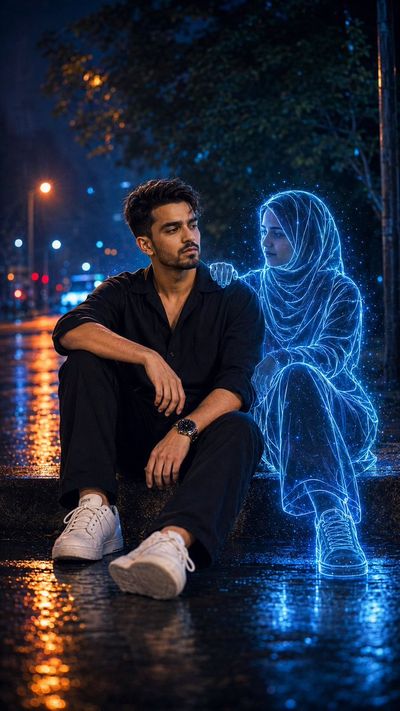 Lonely man sits on wet curb beside glowing neon spirit