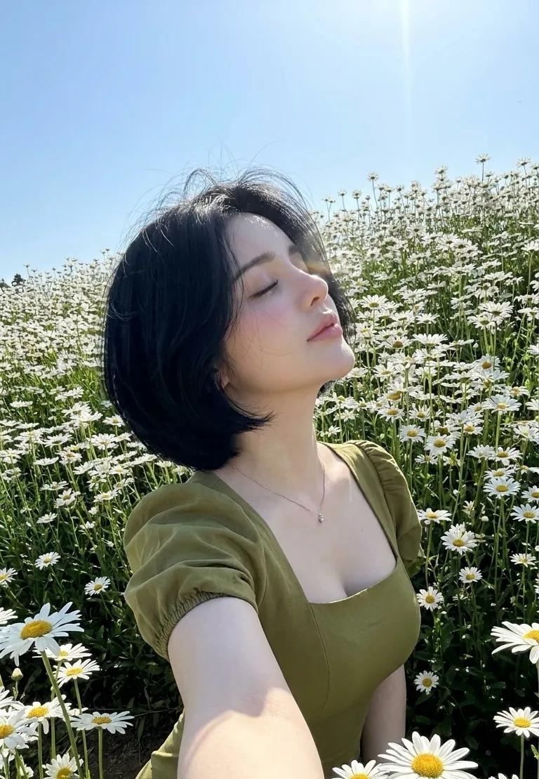 Sunlit daisies frame a porcelain-skinned woman in olive dress