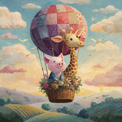 A cheerful pig and a giraffe ride a vintage balloon at sunrise.