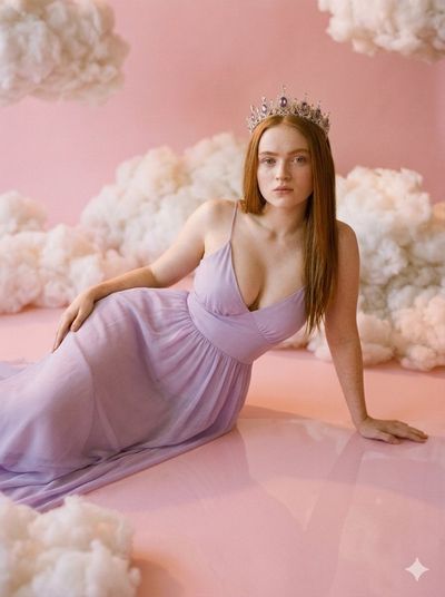 A queen in soft pink studio reclines with elegant grace