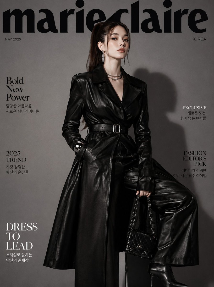 Korean model wears black leather trench on Marie Claire cover