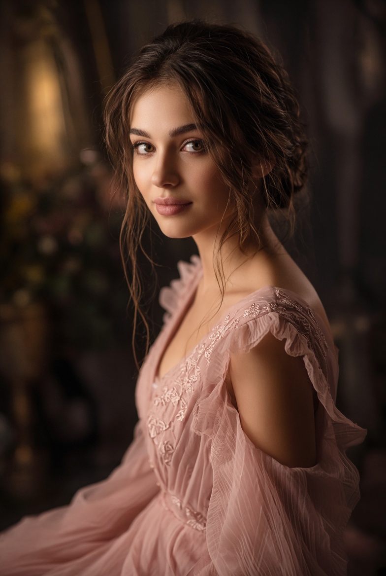 Woman in Pink Ruffled Gown Glances Over Shoulder in Soft Light