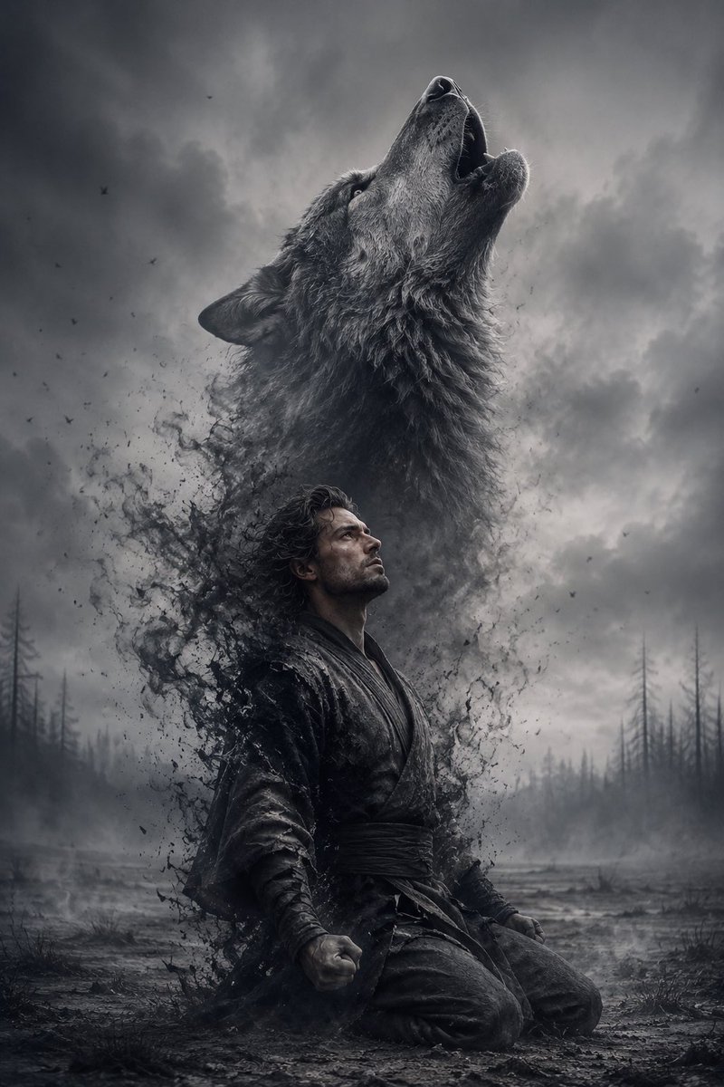 A kneeling man dissolves into smoke while a wolf howls skyward