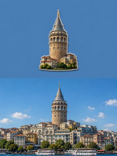 A vibrant cityscape magnet floats above a real skyline
