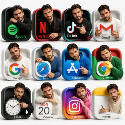 A realistic man poses inside each vibrant app icon on a 3D grid