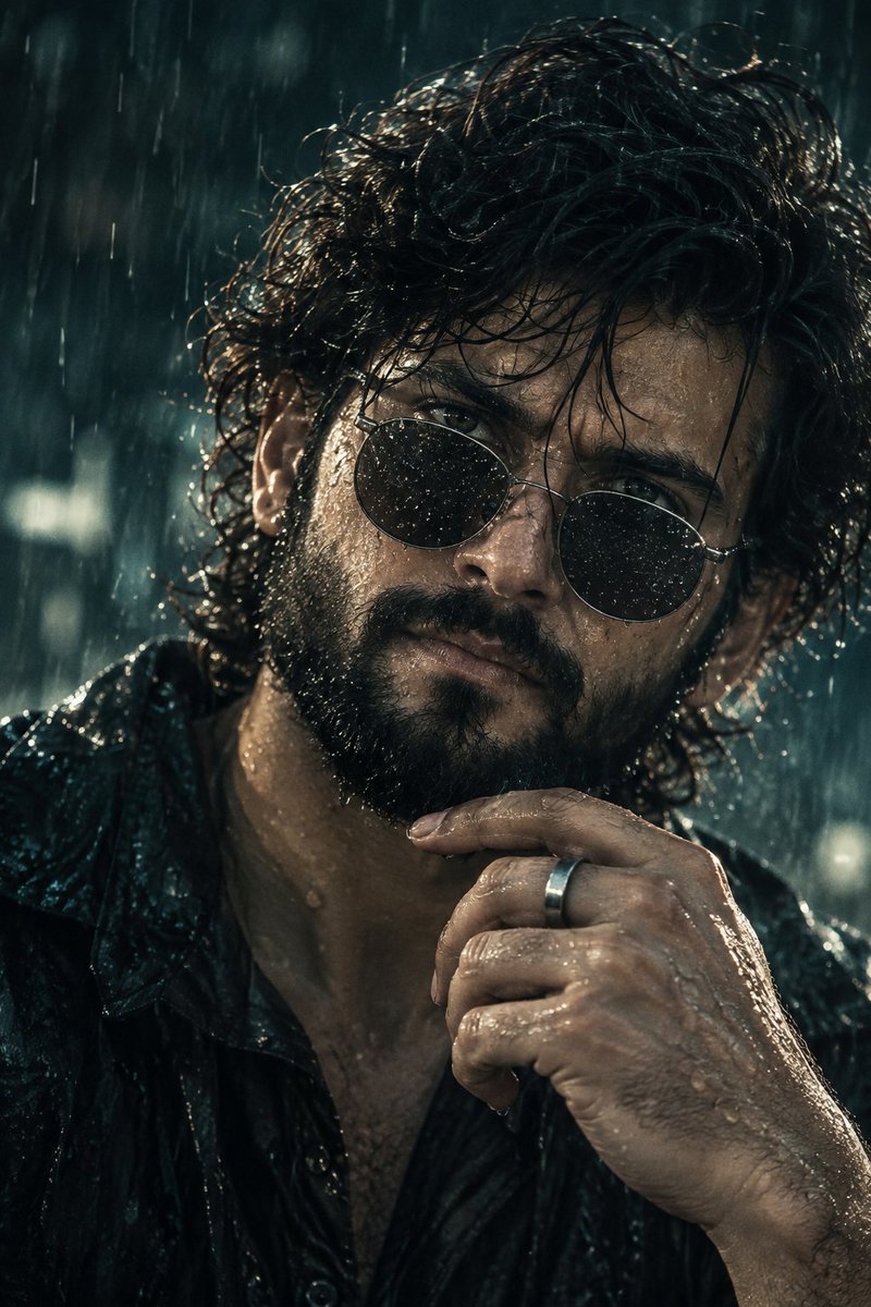 Rain-Soaked Man in Metallic Shades Gazes Intensely Through Storm