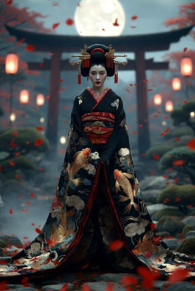 Moonlit Geisha in a Misty Zen Garden with Crimson Petals