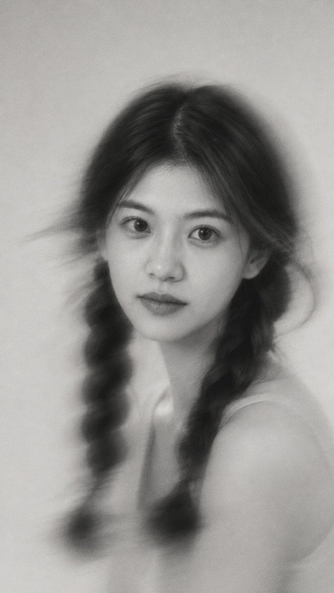 Blurred monochrome portrait with distant gaze and film grain