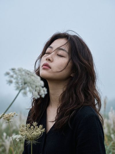 Closed-Eye Portrait as Foreground Bloom Blurs Her Face