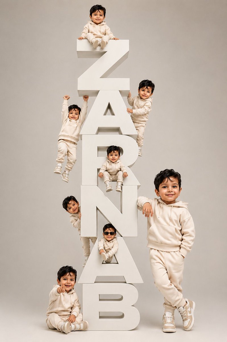 Seven identical toddlers play around giant ZARNAB blocks