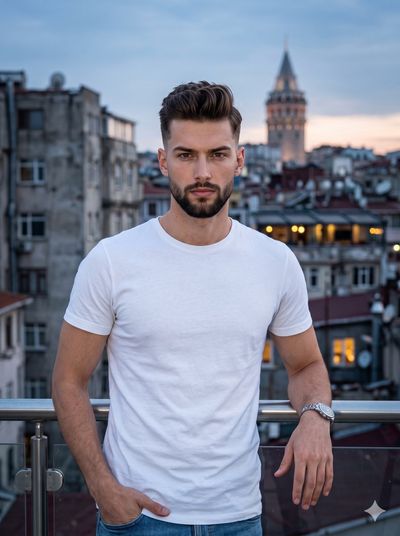 A serious man in a white shirt leans on a glass railing at twilight.
