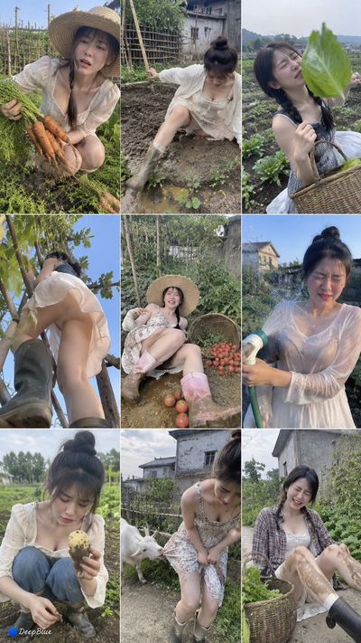 A woman in pastoral dress poses among a southern rural vegetable garden