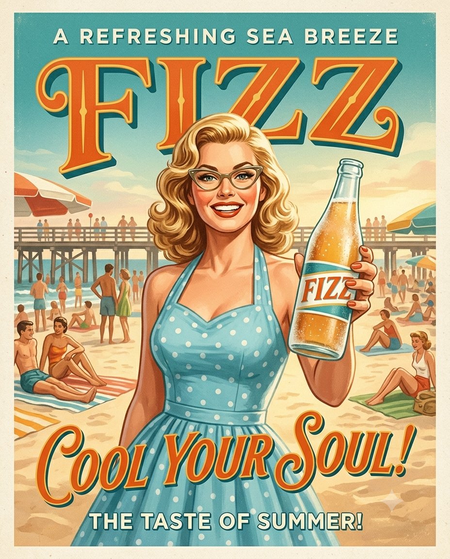 A smiling woman holds a FIZZ bottle on a sunny beach