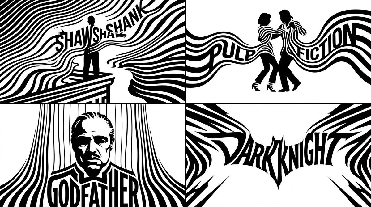 Iconic film silhouettes emerge from bold black and white contour stripes