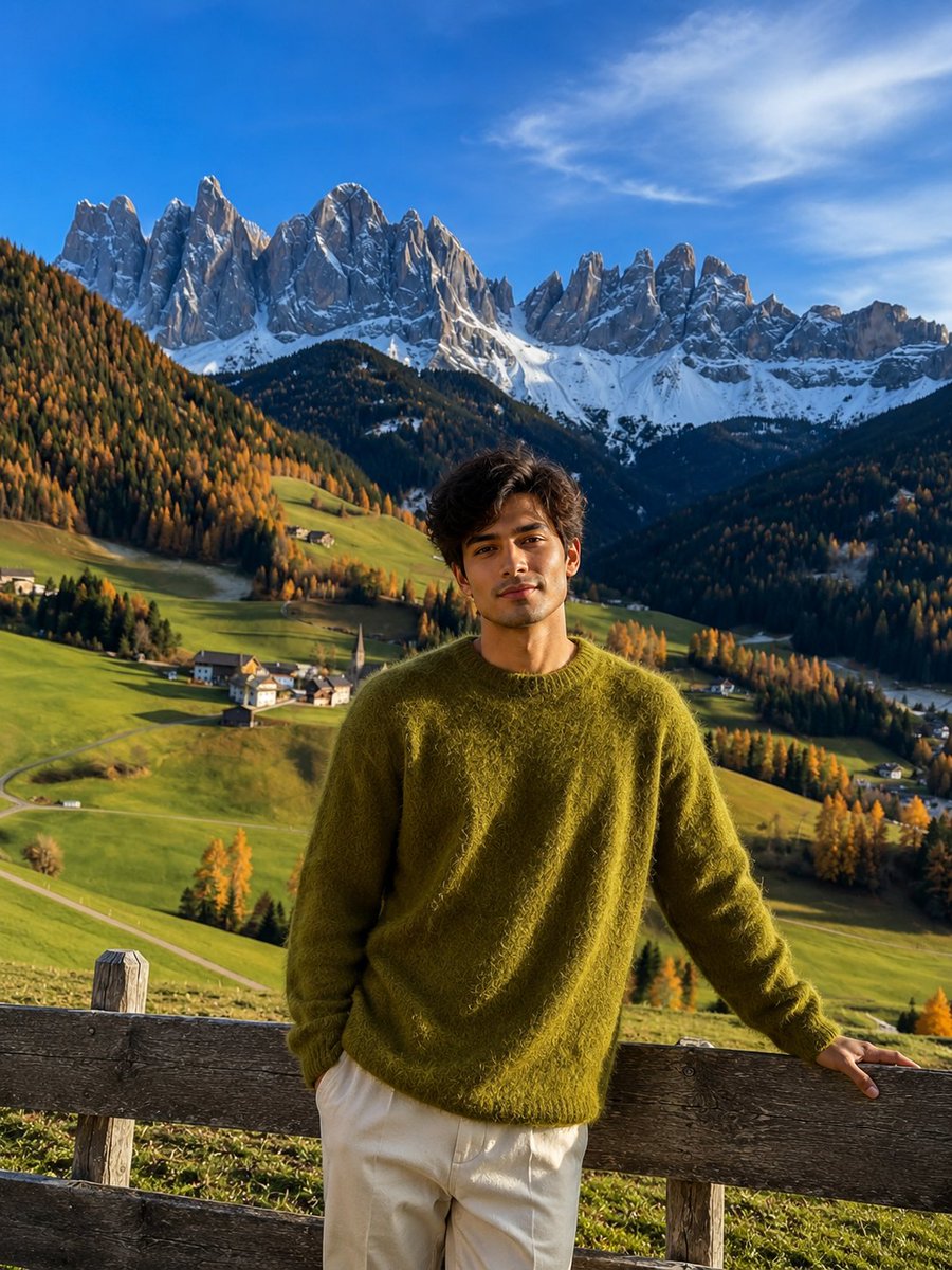A woman in a moss-green sweater gazes over a serene alpine valley