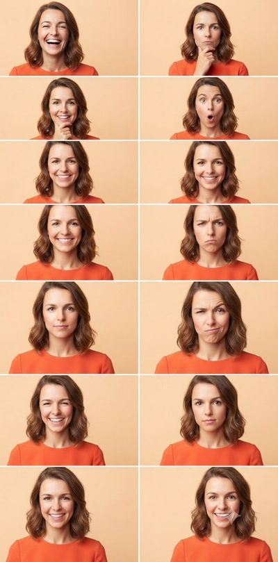 A young woman in orange top displays her varied emotions