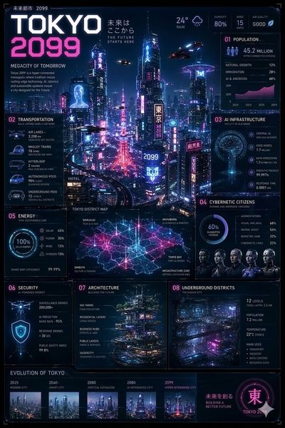 Tokyo 2099 cyberpunk skyline glows with neon holographic billboards