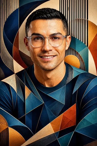 Geometric contour lines and cubist planes reshape a realistic portrait