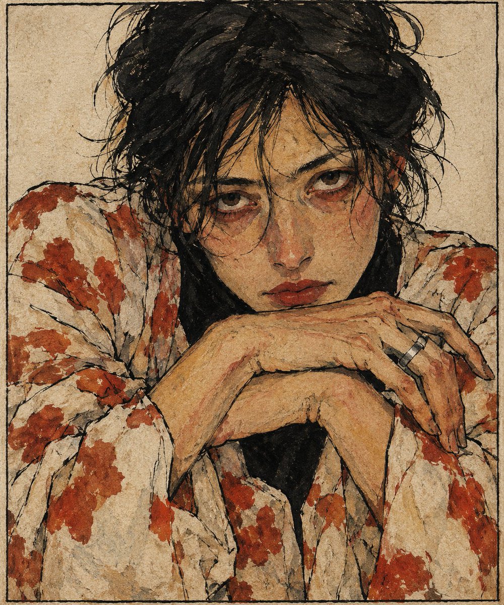 Weary figure rests chin on crossed arms in ink and watercolor