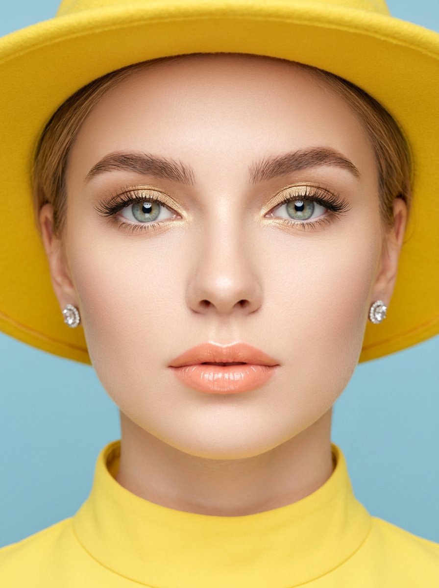 Young woman in yellow hat gazes directly at the camera