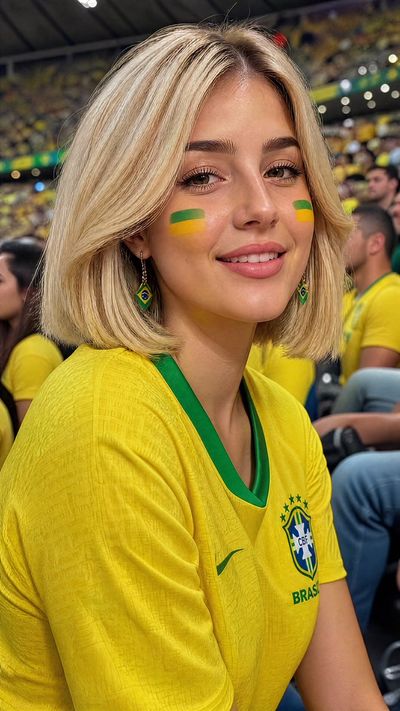 Brazilian fan with platinum bob smiles during live match