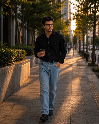 Confident man walks through golden hour on city sidewalk