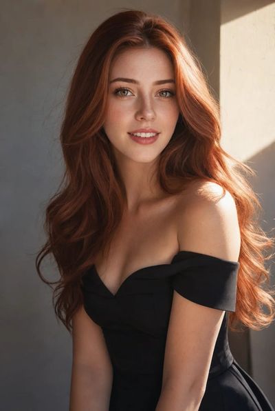 A young woman with red hair poses in soft window light