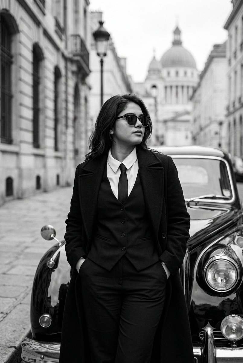 Monochrome Elegance: Figure in Black Coat Leaning on Vintage Car