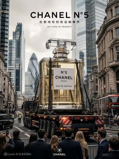 Giant Chanel N°5 bottle moves through closed London street