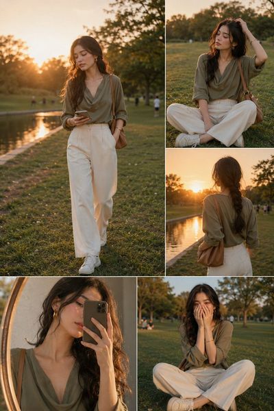 A young woman in sage blouse walks by a canal at sunset