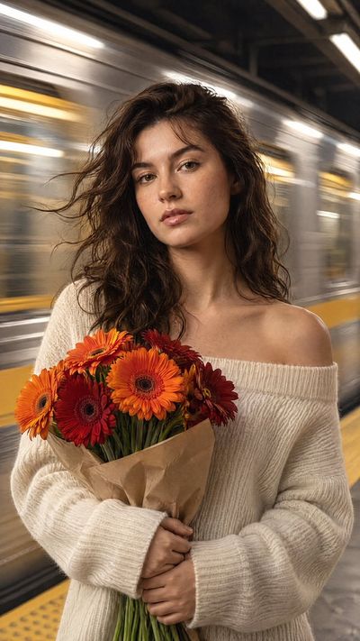 Stillness Amid Motion: Woman with Daisies Waits as Subway Blurs By
