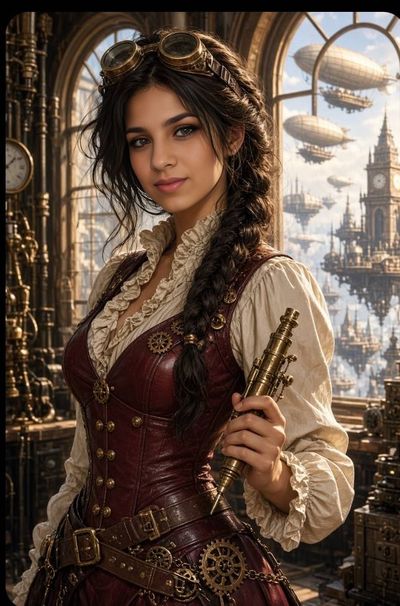 Steampunk woman holds brass spyglass in retro workshop with zeppelins