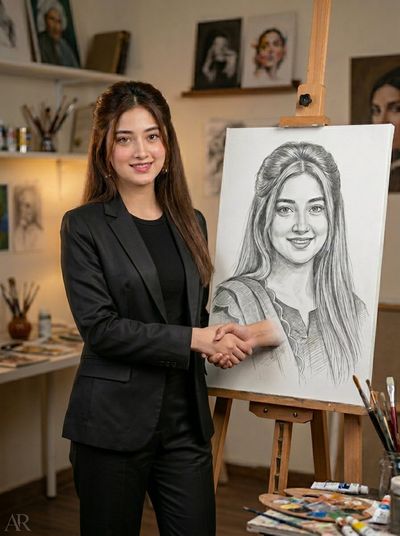 Artist shakes hands with her realistic pencil self-portrait in studio