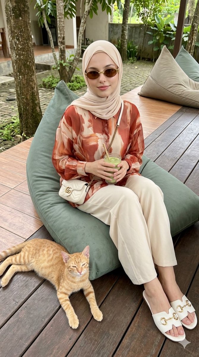 Woman in cream hijab sits on bean bag holding green drink