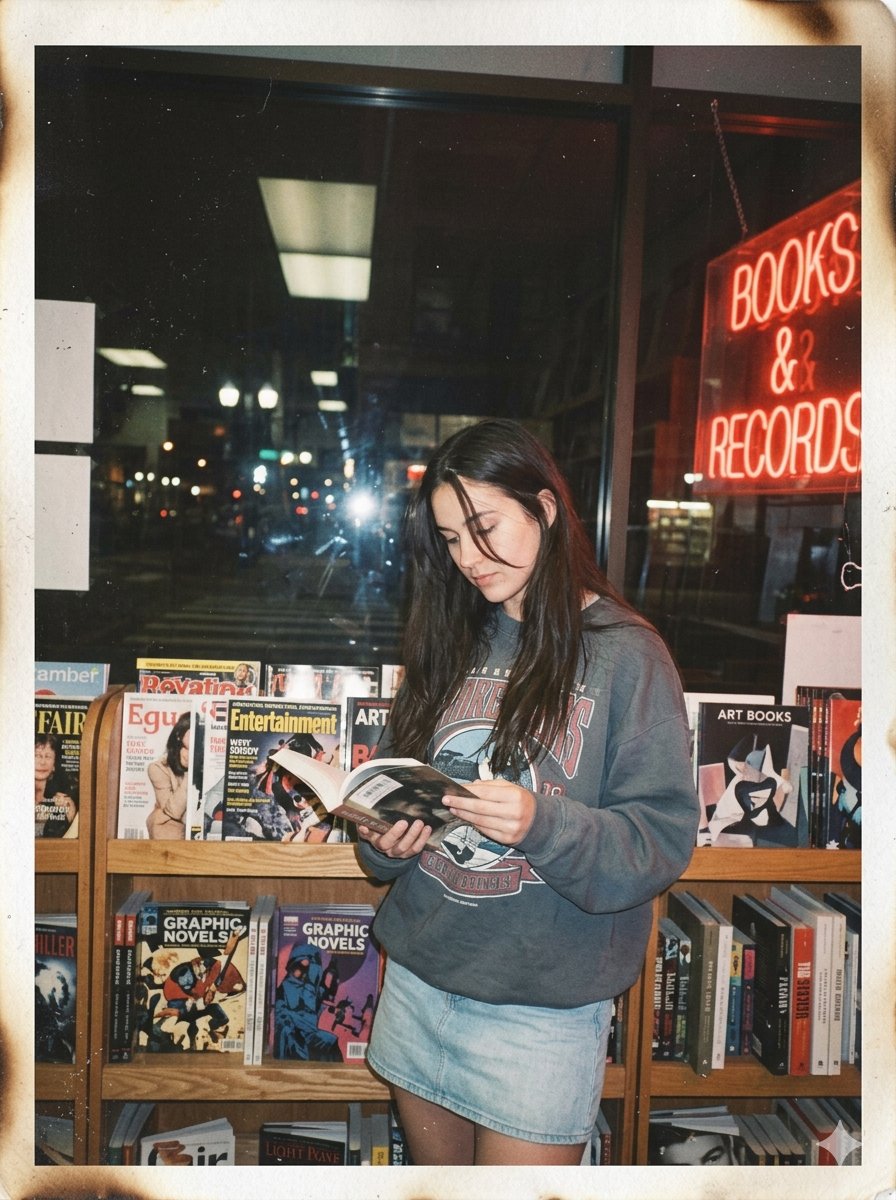 A young woman reads a book in a cozy bookstore at night