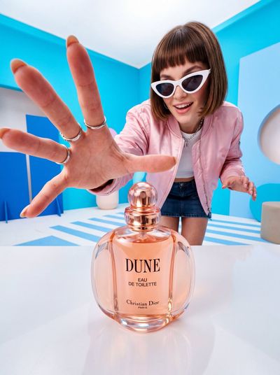 A large hand reaches toward a peach perfume bottle in retro-futuristic studio