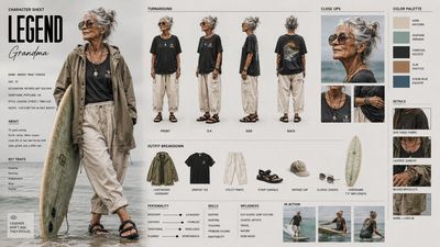 Legendary surfer grandma poses for detailed character sheet design