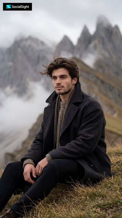 A solitary figure sits on a foggy mountain hill in winter coat.