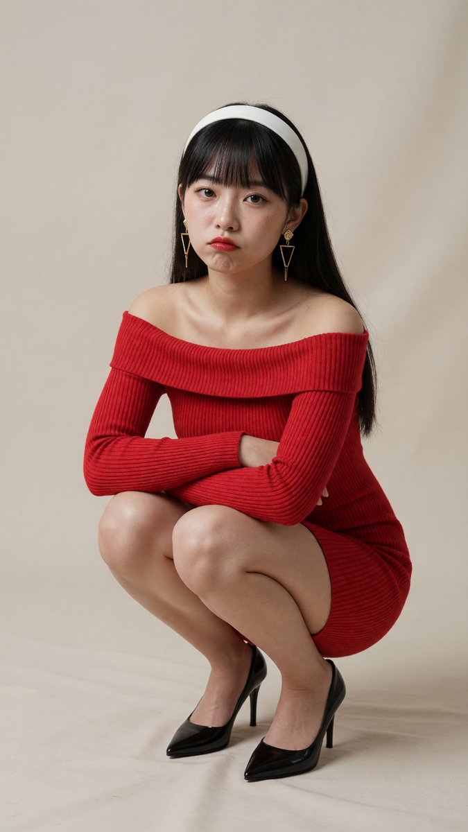 Young woman in red knit dress squats low with crossed arms