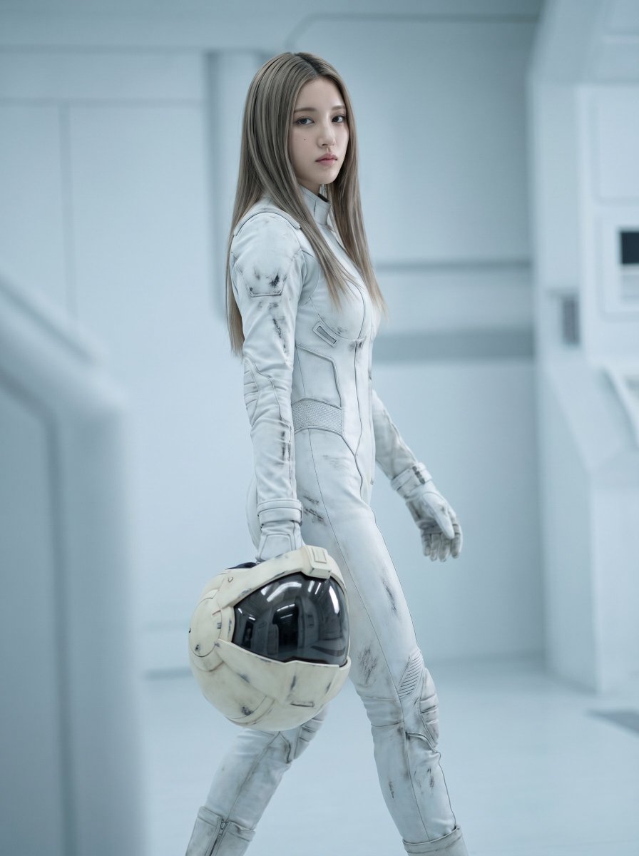 A young woman in a worn white pilot suit walks with a helmet
