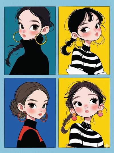 Four stylish chibi girls pose in vibrant minimalist collage panels