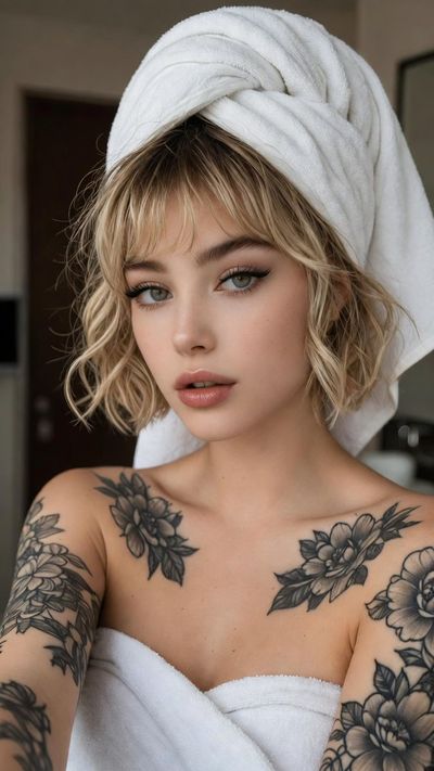 Tattooed woman in white towel takes a soft bathroom selfie