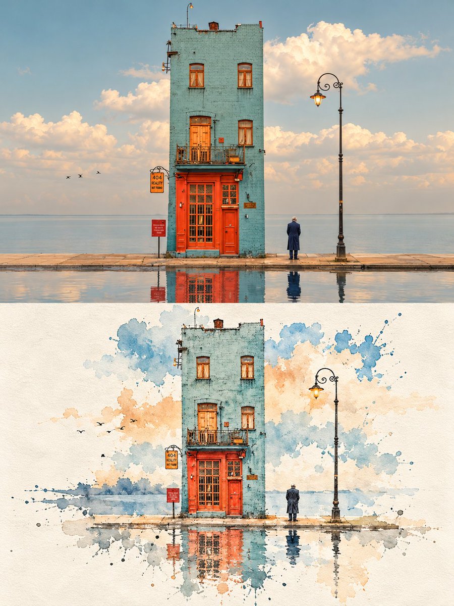 Split Composition Blends Realistic Photo With Minimalist Ink Wash Art