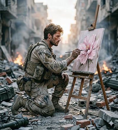 A battle-weary soldier paints a pink flower amidst war rubble.