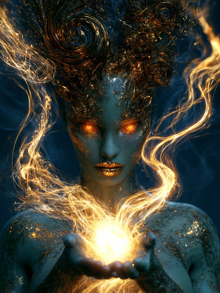 Mythical female with teal skin holds a glowing golden orb