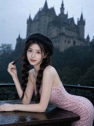 A woman in a black beret sits in the rain near a gothic castle