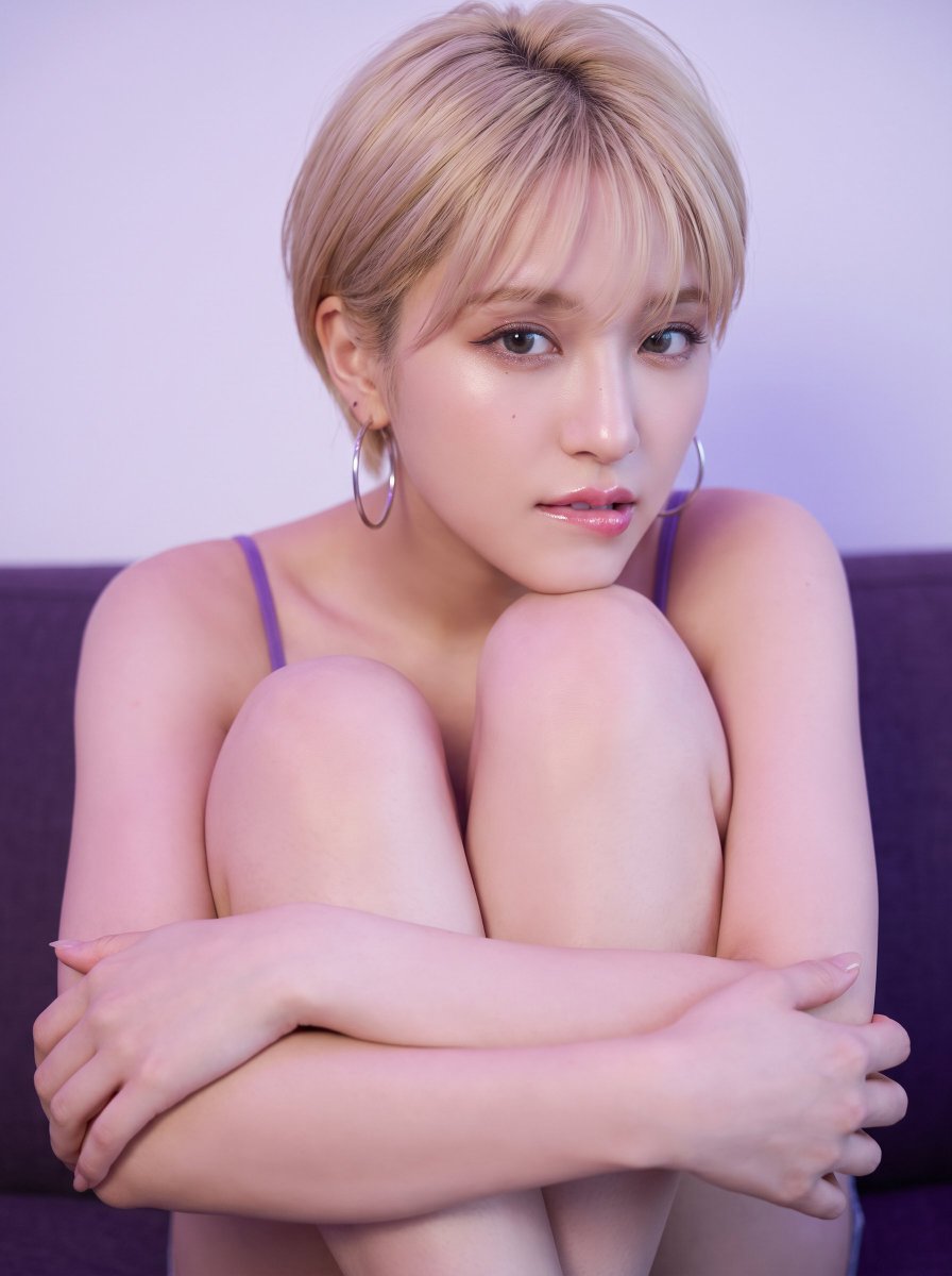 Young woman with pixie cut hugs knees in purple light