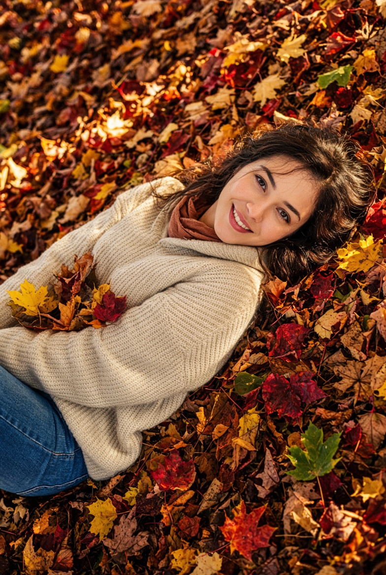 Young woman lies smiling amid vibrant autumn leaves at golden hour