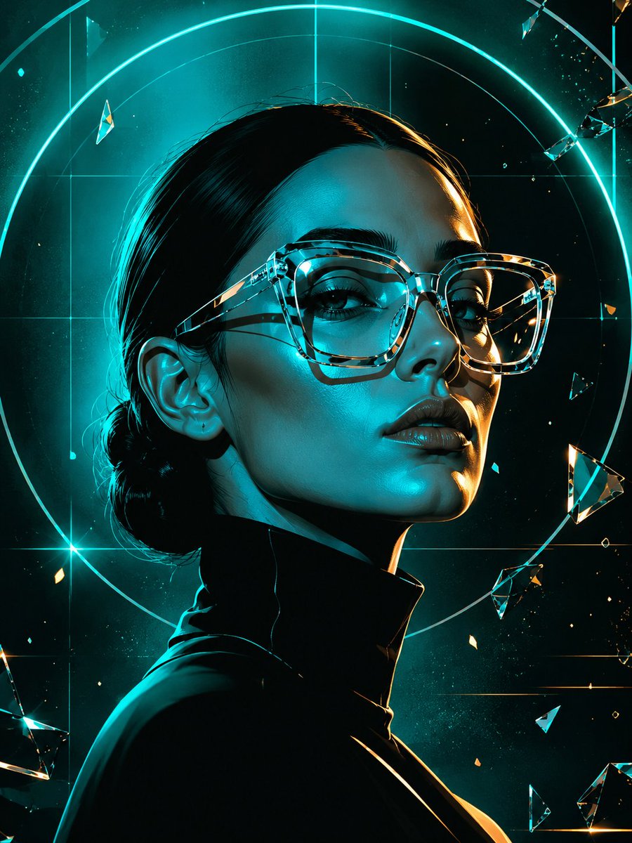 A confident woman in amber glasses glows with neon blue light.
