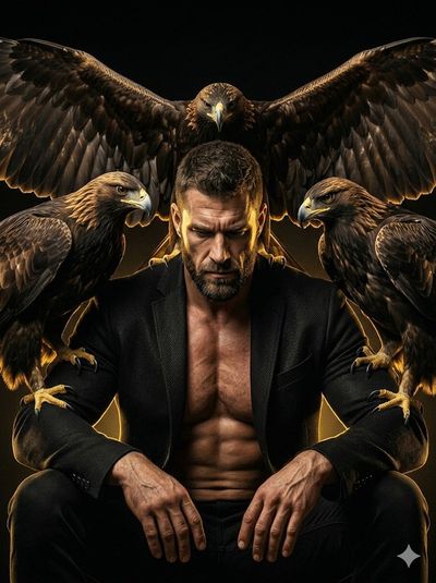 Muscular man with three golden eagles commands an epic portrait